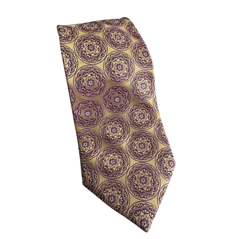 Alberto Zerra Silk Tie Mens Medallion Floral Pattern Necktie Hand Made Gold